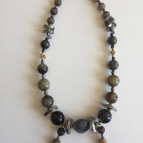 Statement Necklace with Mixed Agate Gemstone Beads, Sterling shops Silver and 24K Gold Plated Accents, Pewter Magnetic Clasp 18