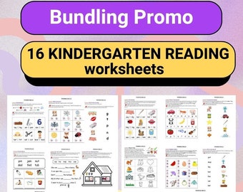 May include: A colorful digital download for 16 kindergarten reading worksheets. The worksheets feature various images and activities to help children learn phonics skills. The text "Today Only!" is displayed in a pink star shape.