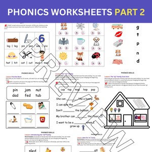 Peut inclure: Une feuille de travail de phonétique colorée avec des illustrations et des activités pour apprendre les sons des voyelles et les familles de mots. La feuille de travail comprend des mots comme "log", "leg", "pin", "pen", "sax", "six", "hat", "hit", "cat", "cut", "mud" et "mad".