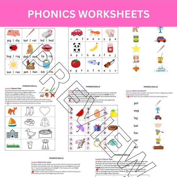 Phonics  Lessons for Kindergarten Digital Downloadable Worksheets -8 pages