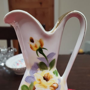 Vintage Kasuga Ware Pitcher White with Painted Yellow Florals and Gold Trim Made in Japan ceramic porcelain