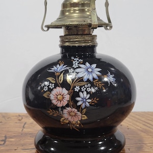 Vintage Lamplight Farms Black Floral English Garden Decorated Oil Kerosene Lamp with Burner