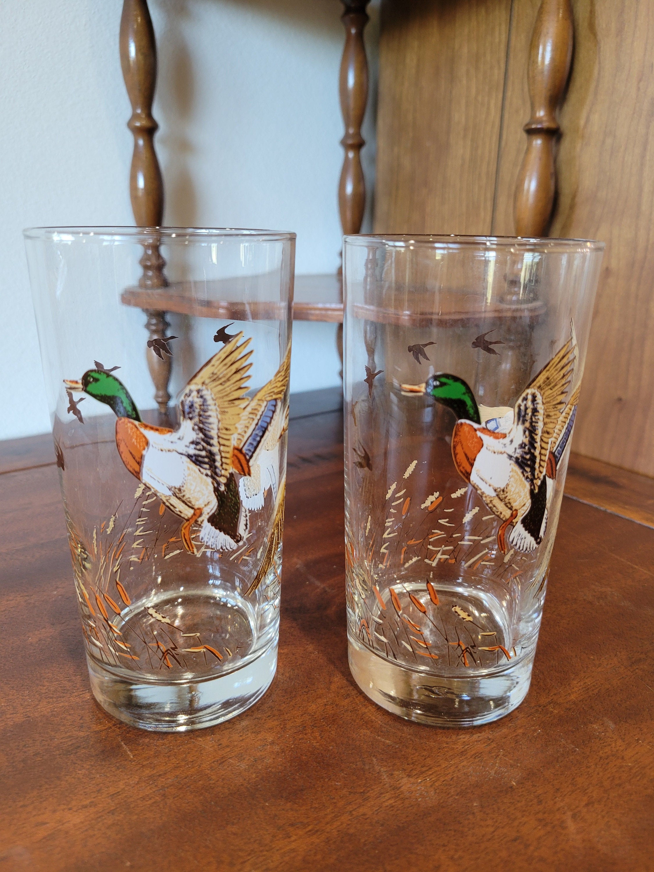 Highball Glasses Etched Mallard Duck Tumbler Drinking Reeds Clouds