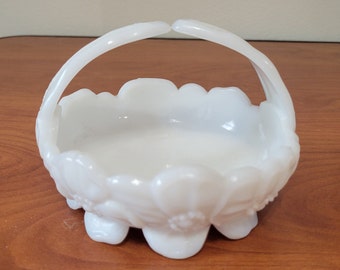 Vintage Westmorland Milk Glass Basket, White Floral Embossed Design