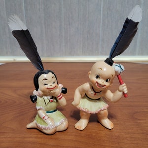 Vintage Whimsical Indian with Feather Figurines Ucagco Ceramic Japan Adorable Boy and Girl Tomahawk Brave Maiden