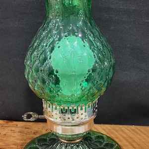 Vintage Emerald Green Flashed Glass Hurricane Lamp Puffy Diamond Quilt Pattern Electric