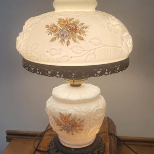 Vintage PHOENIX Co. Puffy Rose White Milk Glass Hurricane Lamp Flower Decorations Embossed Roses on Shade Gone with the Wind 3 Way Light