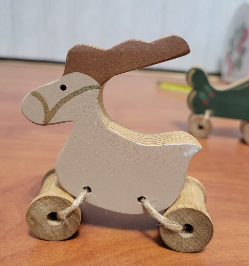 Adorable Amish Made Reindeer and Sleigh or Cart Spool Wheels Wooden