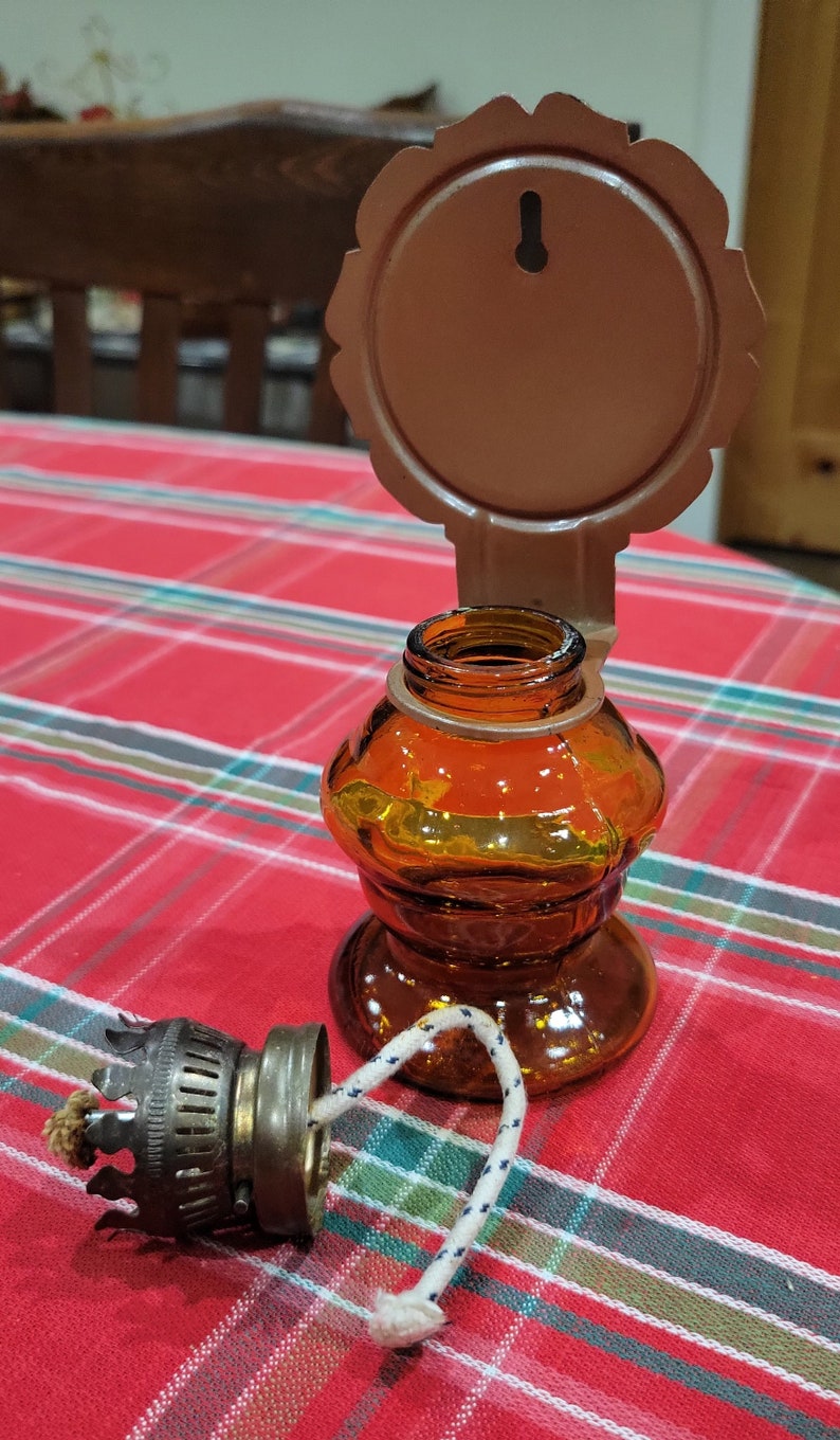 Vintage Amber Glass Wall Mounted Oil Lamp With Reflector No Etsy