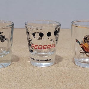Set of 3 Vintage Shot Glasses, Federal Glass Ammo Sizes, Sportsman Ring Necked Pheasant w Silver Rim & Libbey Colorful Pheasant Shot Glass