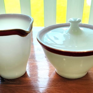 Vintage Maroon Gold by Pyrex, Sugar Bowl with Lid and Creamer Pitcher, 1950&#39;s Mid Century Modern
