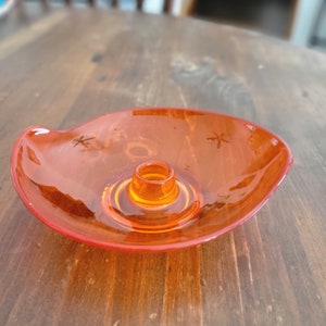 1950&#39;s Viking Art Glass Persimmon Orange Early Epic Line Candle Taper Dish, Art Deco, Mid-Century Modern Sweet Retro Vibe!