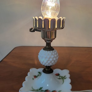Vintage 1950's White Milk Glass with Roses Hand Painted around the Base, Hobnail Bedside Boudoir Lamp Grandma Lamp No Shade 7 inches tall