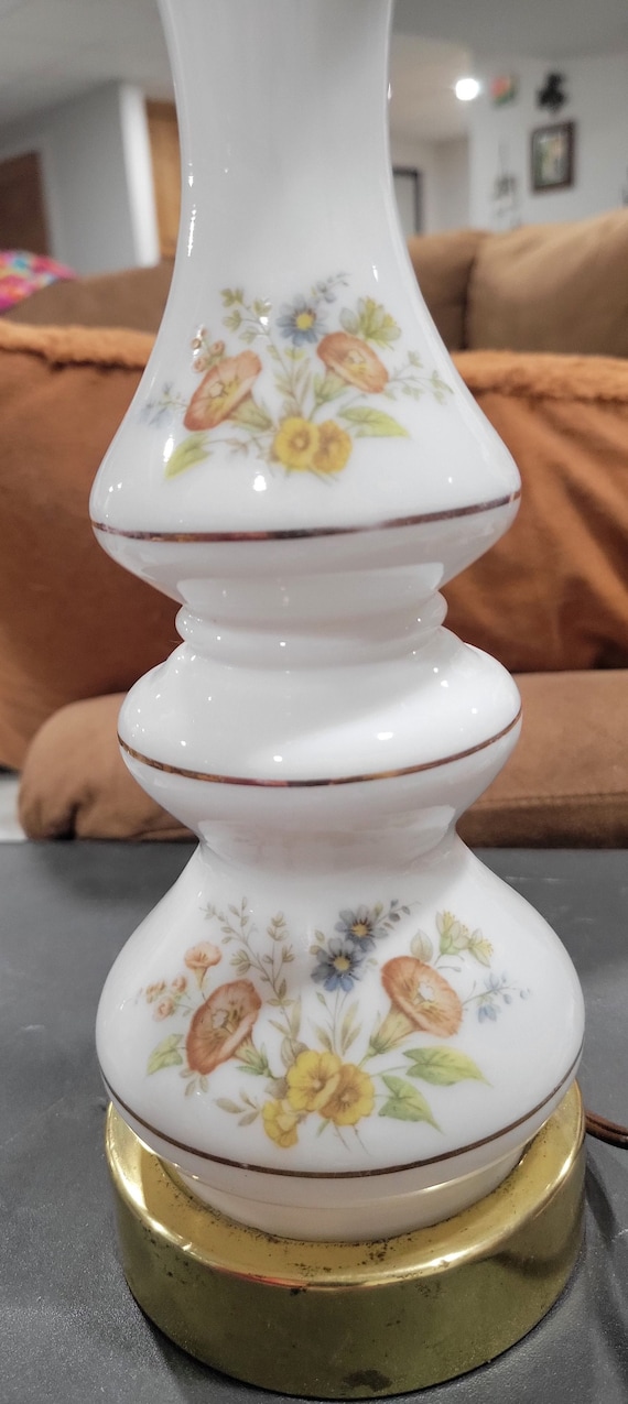 Vintage White Milk Glass Table Lamp, Floral Bouquet, Gold Gilding
