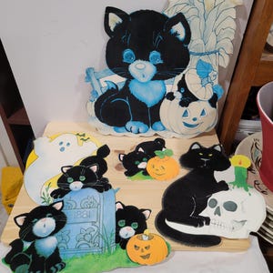 Lot de 4 décorations d'Halloween en papier floqué vintage chat noir