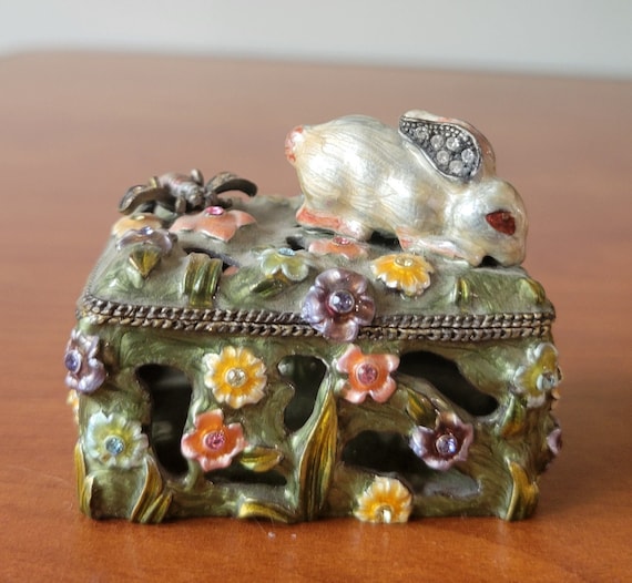 Vintage Rucinni Bunny Rabbit Jeweled Metal Trinket Box with Swarovski Crystal inlays Gorgeous Spring Paste Colors Mom Gift for Her