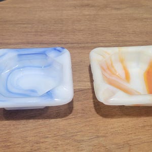 Vintage Akro Agate Orange & White UV Reactive with a Blue and White Dish Small Individual Ashtrays Slag Glass Square, Made in USA Tobacianna