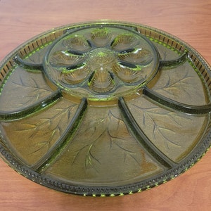 Vintage Indiana Glass Company Egg Hors D&#39;oeuvre Tray Platter Olive Green In Original Box Perfect Condition MCM 50&#39;s Elegance!
