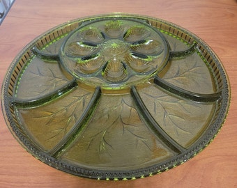 Vintage Indiana Glass Company Egg Hors D'oeuvre Tray Platter Olive Green In Original Box Perfect Condition MCM 50's Elegance!