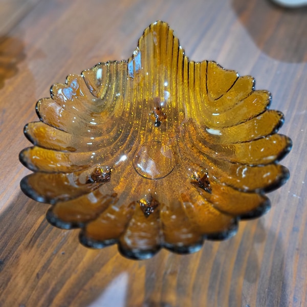 Vintage Amber Glass Feather Flower Bowls Small and Beautiful, Turkey Feathers, Flower Shell Dishes, Blenko Like, No Maker Mark