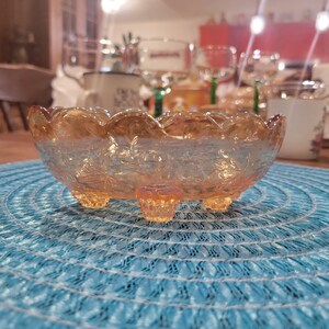 Vintage Carnival Glass Condiment Dish in Stunning Iridescent Marigold Amber Carnival Glass Four-Footed Trinket Dish Mid-Century Beautiful