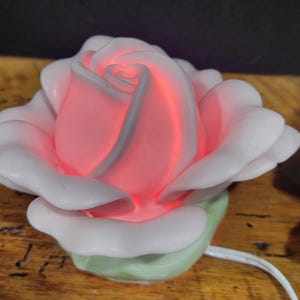 Vintage Pink Rose Flower Bedside Boudoir Night Light Lamp Porcelain Bisque