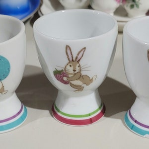 Set of 3 Easter Egg Cups, 2.5&quot; Tall, 1.75&quot; Across top.  Bunny with Egg and Bunny with Strawberry, Spring Colors, Easter decor