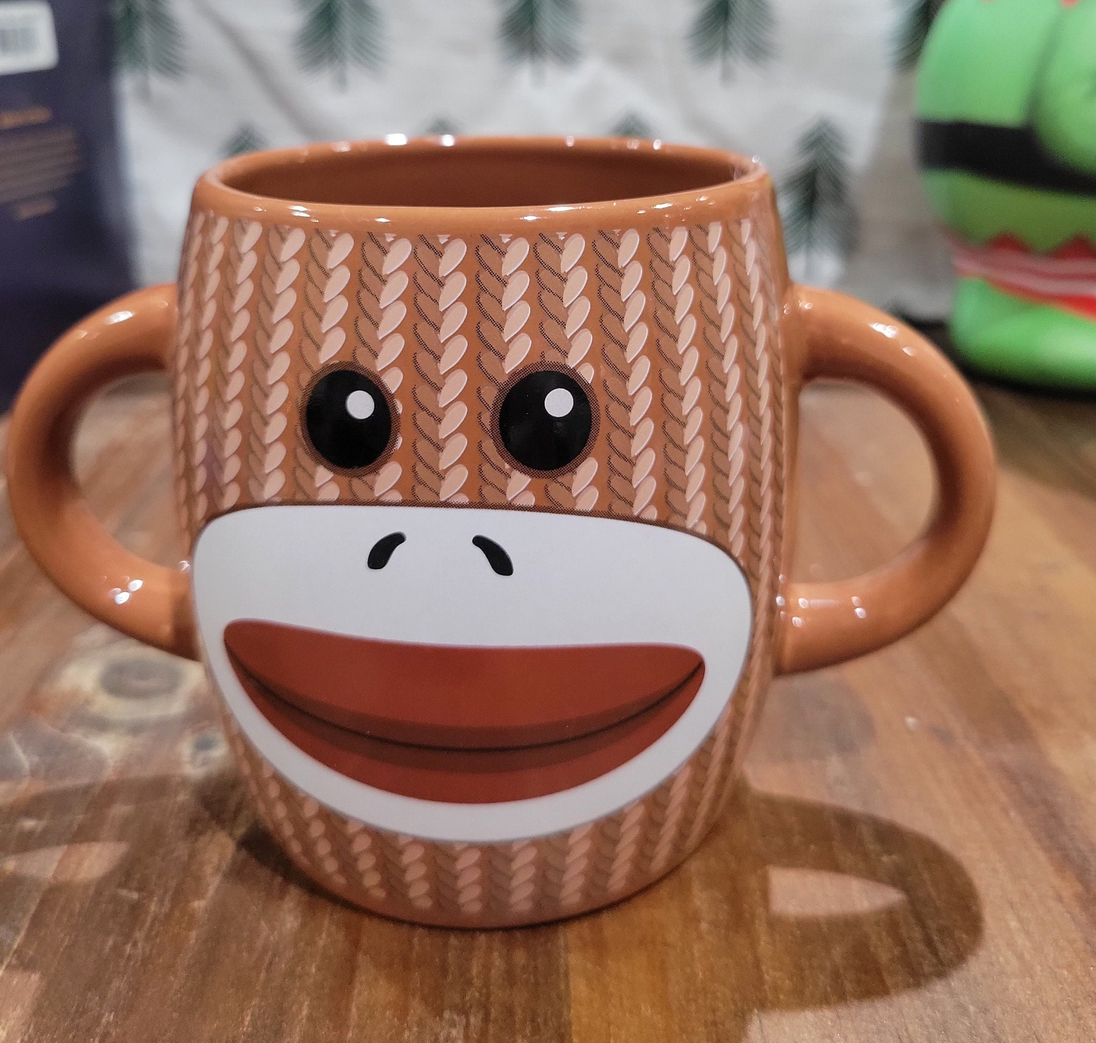 Adorable Sock Monkey Double 2 Handle Brown Coffee or Cocoa Mug by