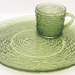 Vintage Set Snack Plate and Cup Set Soreno Avocado Green Pressed Bark Design by ANCHOR HOCKING Set of two 1960&#39;s mid century modern
