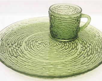 Vintage Set Snack Plate and Cup Set Soreno Avocado Green Pressed Bark Design by ANCHOR HOCKING Set of two 1960's mid century modern