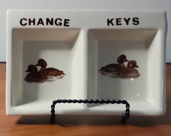 Vintage Ceramic Change and Key Tray Dish with &quot;Wood Ducks&quot; 1986 W.A. Taiwan Ceramic Dresser Hunter Rustic Cabin Decor