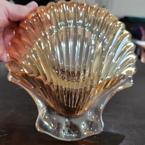 Vintage Muschelschale irisierende Ringelblume, Karnevalsglas, Schmuckschale, Bernstein, Bonbonschale, Relish Dish, Seifenschale