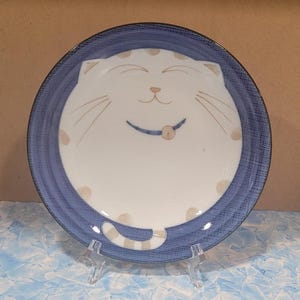 Vintage Warai Neko Smiling Cat Porcelain Noodle Rice Bowl Blue Japan Fat Cat Crazy Cat Lady Gift Idea