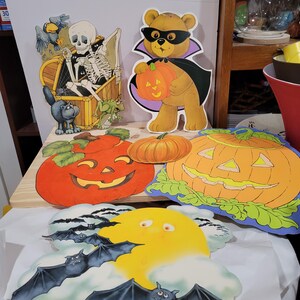 Set di 6 decorazioni di Halloween in carta vintage, zucca floccata, lanterna di Jack, orso scheletro, pipistrelli vampiri volanti, buone condizioni vintage
