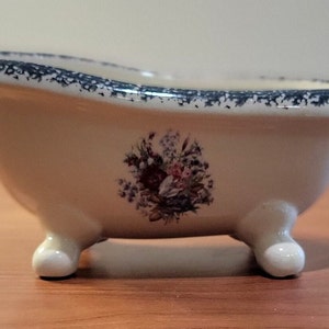 Vintage Footed Bathtub Soap Dish, Floral Claw Foot Style Soap Holder, Large Tub Crackle Glazed, Dappled Gray Trim Bathroom Decor