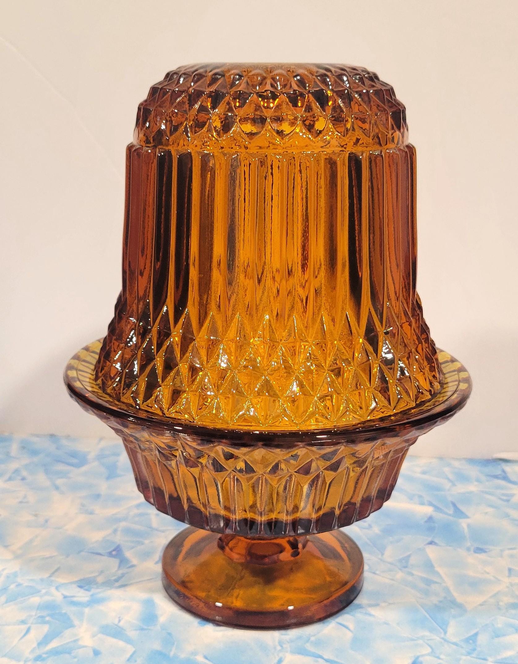 Vintage Amber Glass Fairy Lamp 647 by Princess House Diamond Point