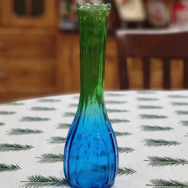 Vintage Jeanette Glass Grape & Vine Bud Vase, Weed Pot Blue and Green Two-Toned Glass Dish