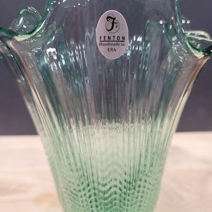 Vintage Fenton Art Glass Light Green Ribbed Vase Stretch Ruffled Handkerchief Vase Has Fenton Label on the Side  Collectible