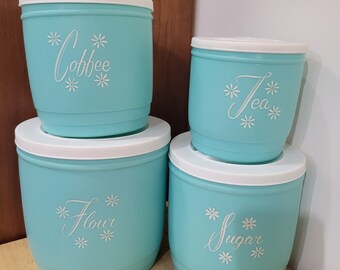 Stanley Vintage Turquoise Kitchen Four Canister Set Circa 1950's Flour, Sugar, Coffee, Tea Containers With White Lids  Very Good Condition