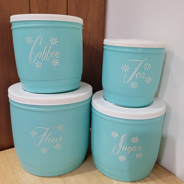 Stanley Vintage Turquoise Kitchen Four Canister Set Circa 1950's Flour, Sugar, Coffee, Tea Containers With White Lids  Very Good Condition