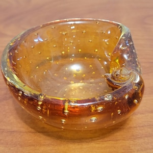 Vintage Controlled Bubble Murano? Type Hand Blown Amber Glass Ashtray or Dish Shell Swirl Perfect Condition Tobacciana MCM gift idea