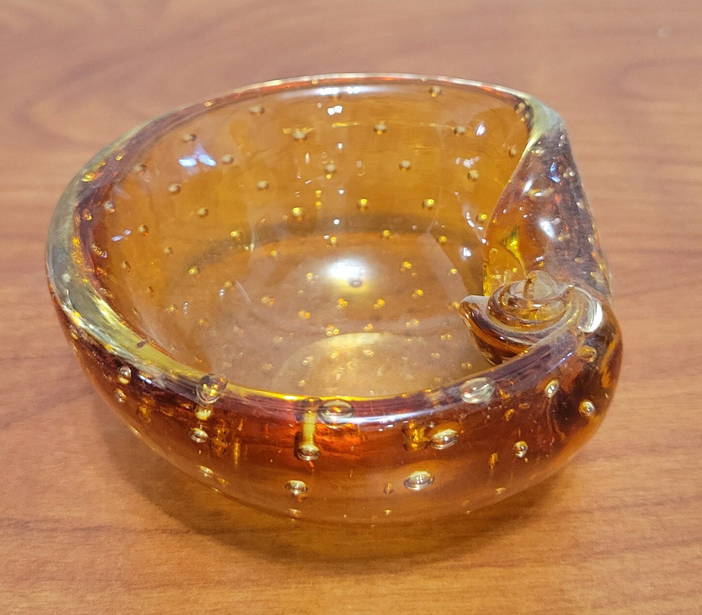 Vintage Controlled Bubble Murano? Type Hand Blown Amber Glass Ashtray or Dish Shell Swirl Perfect Condition Tobacciana MCM gift idea