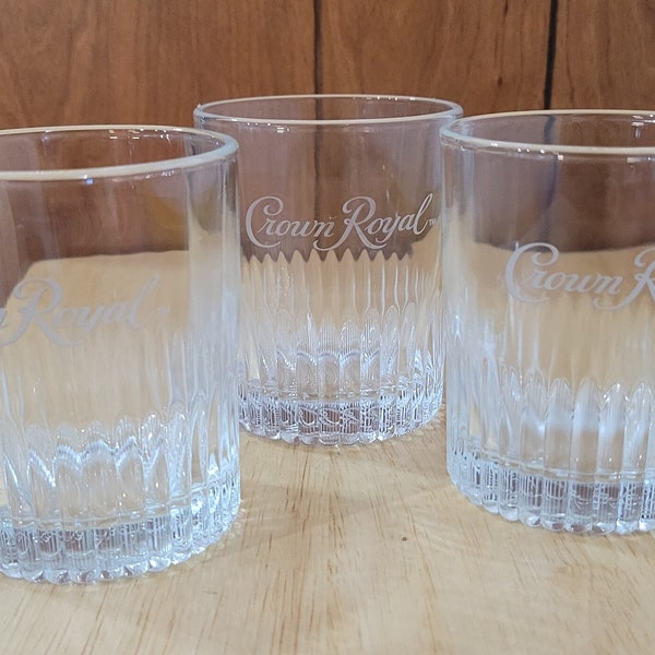 Vintage Crown Royal Whiskey Etched Glasses Set of 3 On The Rocks, Old Fashioneds Man Cave Barware Marked Crown Royal on the Bottoms