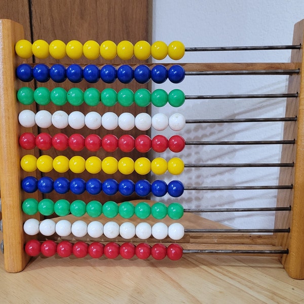 Vintage 70s Childrens Abacus Learning Toy Wood Base Metal Bars Plastic beads Mathematics Stem Toy Classroom Homeschool Montessori