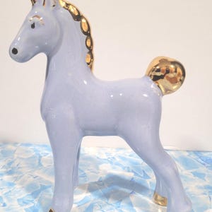 Vintage Lusterware Porcelain Lavender Lilac Purple Iridescent Opalescent Foal Pony Horse with Gold Trim 5&quot; Figurine Standing Proud!