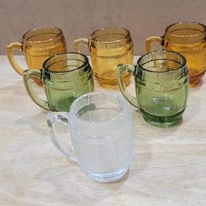 Vintage Set of 6 Barrel Mug Shot Glasses by Hazel-Atlas  3 Amber, 2 Avocado, 1 Clear Toothpick Holders Fathers Day Gift Man-cave Bar