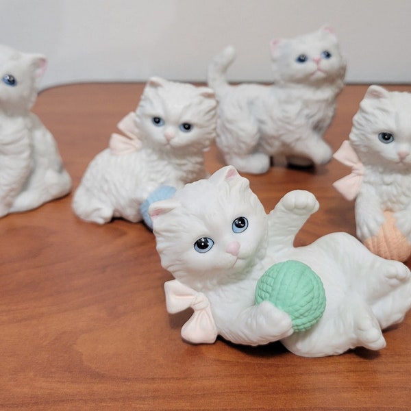 Vintage HOMCO Set of 5 White Persian Kittens Figurines Cat Lovers, Crazy Cat Lady Kittens