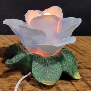 Vintage Blue Rose Flower Bedside Boudoir Night Light Lamp Porcelain Bisque