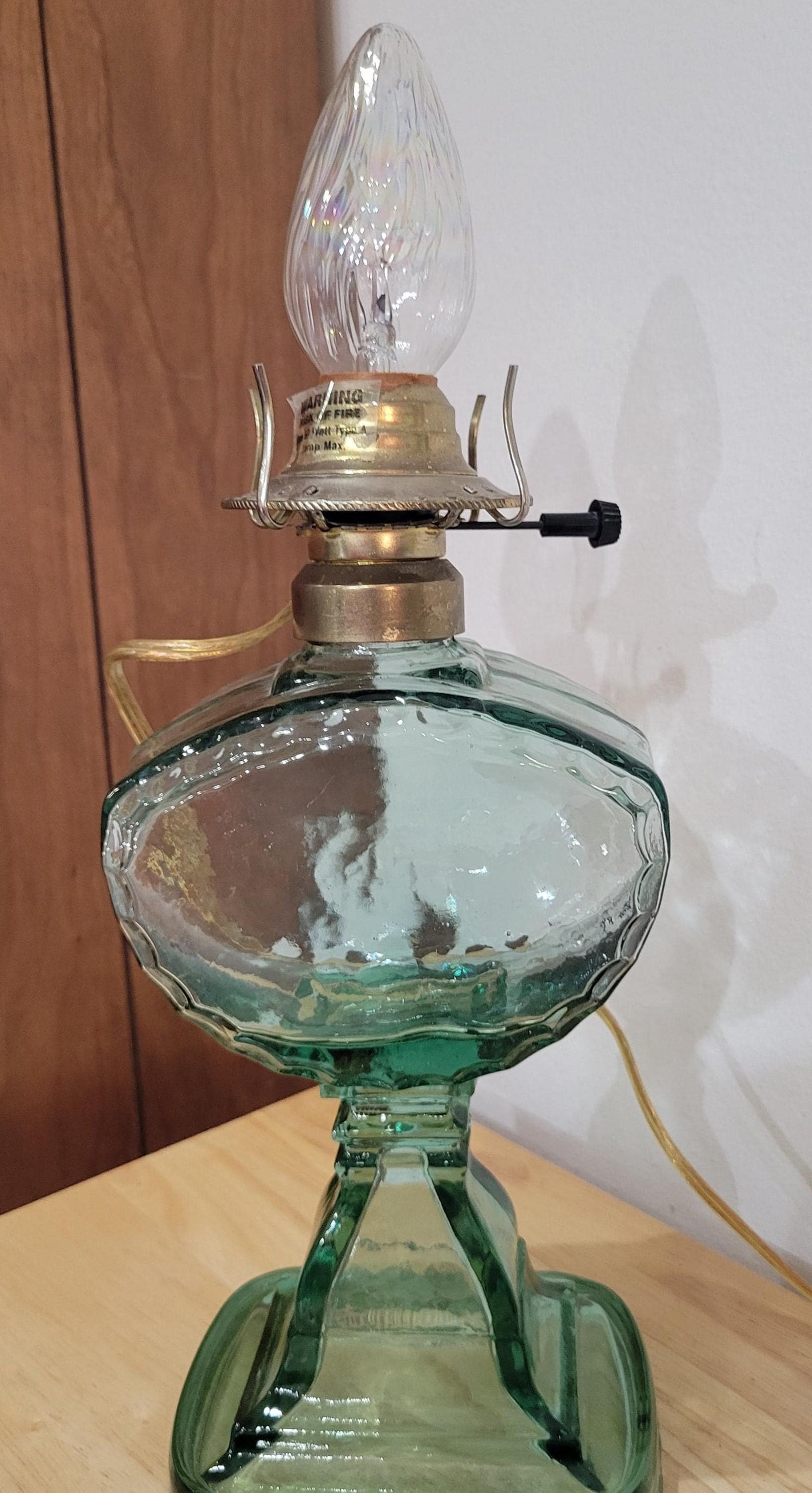 Vintage Lightest Green Clear Glass Electric Lamp Looks Like an Oil