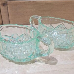 Mint Green Uranium Glass Cream and Sugar Bowl GLOWS Bright Green under UV light, Excellent Vintage Perfect Gorgeous Glowing Gift